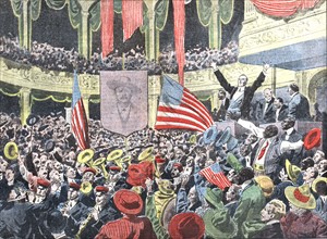 Dessin de  Damblans : Au Congrès de Chicago, les partisans de M. Roosevelt acclament tumultueusement sa candidature