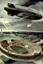 Berlin Olympic Games, Olympic stadium and airship "Hindenburg", which was used to photograph and film the Games