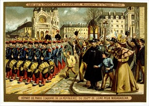 Advertisement for Aiguebelle chocolate 
Conquest of Madagascar: troops leaving Paris for Madagascar