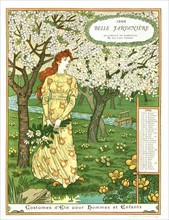 Calendrier de la "Belle jardinière", mois d'avril. Femme cueillant des fleurs