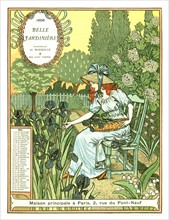 Calendrier de la "Belle jardinière", mois de mai. femme cueillant des fleurs