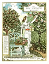 Calendrier de la "Belle jardinière", mois de juin, femme cueillant des fleurs