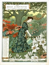 Calendrier de la "Belle jardinière", mois de juillet, femme arrosant des fleurs
