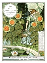 Calendrier de la "Belle jardinière", mois d'août,  femme cueillant des fleurs