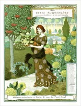 Calendrier de la "Belle jardinière", mois de septembre, femme cueillant des fleurs