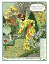 Belle jardinière calendar, month of October,
woman gathering up dead leaves