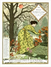 Calendrier de la "Belle jardinière", mois de novembre,  femme cueillant des fleurs