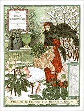 Calendrier de la "Belle jardinière", mois de décembre,  femme cueillant du gui