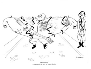 Satirical cartoon by Sennep. Hitler and  Mussolini. in "La guerre en chemise noire" ("war in blackshirt")