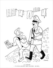 Satirical cartoon by Sennep. Hitler and Mussolini. in "La guerre en chemise noire" ("war in blackshirt")