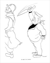 Satirical cartoon by Sennep about Mussolini. in "La guerre en chemise noire" ("war in black shirt")