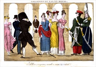 Le palais-Royal ou les filles de bonne fortune ("soldiers' whores at the Palais-Royal"), frontispiece representing prostitutes with men and soldiers under the arches