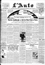 Charles Lindbergh. Atlantic crossing. Front page of the newspaper "L'Auto"