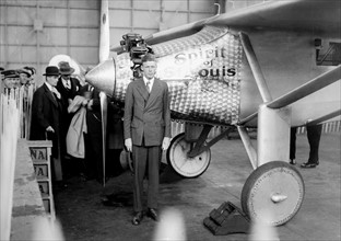 Charles Lindbergh. Atlantic crossing. Lindbergh next to the "Spirit of St. Louis" at Le Bourget airport