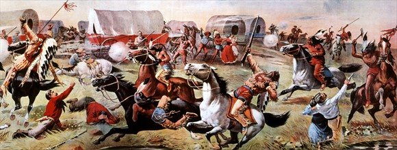 Conquest of the West. Attack of a convoy by the Indians. Poster