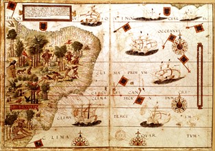 Portuguese nautical atlas by Diego Homem. Detail:
Brazil