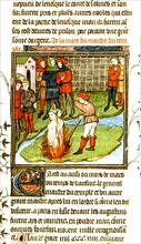 Miniature. Jacques de Molay, grand maître des Templiers livré aux flammes le 19 mars 1314