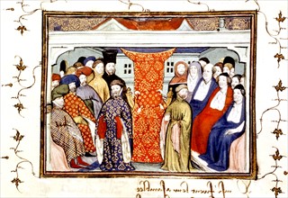 Miniature. Le parlement de Westminster dépose Richard II et proclame le duc de Lancastre roi d'Angleterre sous le nom de Henri IV (1399)