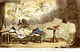 British satirical cartoon. Bonaparte dreaming in his cell at the Ecole Militaire (French military school)