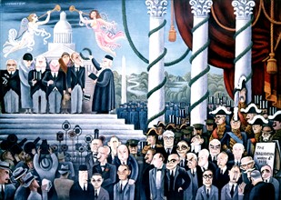 Newly elected President Franklin D. Roosevelt appearing on the steps of the Capitole. Caricature by Miguel Covarrubias, published in the magazine 
"Vanity Fair"