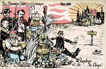 Carte postale satirique sur la séparation de l'église et de l'état, On y reconnaît Emile Loubet 1838-1929), Emile Combes (1835-1921) et Louis Lépine (1846-1933)
