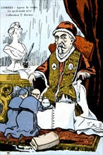 Carte postale satirique anticléricale et anti franc-maçonne sur la séparation de l'église et de l'état. On y reconnaît Emile Combes (1835-1921)