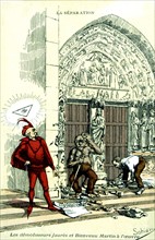 Carte postale satirique anti franc-maçonne sur la séparation de l'église et de l'état. On y reconnaît Jean Jaurès (1859-1914)