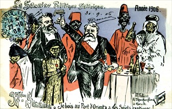 Carte postale satirique sur l'Exposition coloniale de Marseille. On y reconnaît Fallières