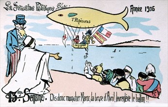 Carte postale caricaturale sur la colonisation au moment de la Conférence d'Algésiras (Maroc) à propos des espérances de l'Allemagne sur le Maroc