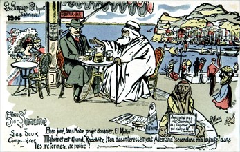 Carte postale satirique sur la colonisation au moment de la Conférence d'Algésiras (Maroc) à propos des espérances de l'Allemagne sur le Maroc