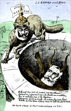 Carte postale satirique sur la colonisation au moment de la Conférence d'Algésiras (Maroc) à propos des espérances de l'Allemagne sur le Maroc, On y reconnaît Emile Loubet et Guillaume II (1859-1941),...