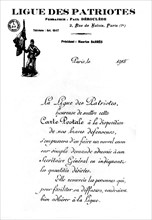 Carte postale incitant à adhérer à la Ligue des Patriotes (dont le président était Maurice Barrès)