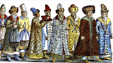 Colored engraving. Boyars sent by Ivan IV on a mission to Maximilian II in Regensburg in July 1576: detail