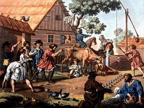 Colored engraving. Game of jacks