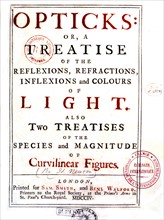 Isaac Newton, "Optique". Page de titre de l'édition originale publiée à Londres