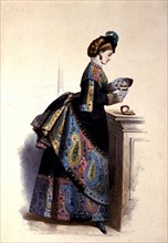 Lithographie de Gustave Janet extraite de "La mode artistique". Toilette de ville avec "Pouf" (1874-1875)