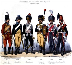Lithography by Vernier. French army uniforms: cavalrymen from 1745 to 1840
