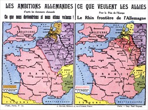 Carte postale éditée par la Ligue des patriotes. Cartes géographiques représentant les ambitions allemandes