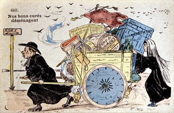 Séparation de l'Eglise et l'Etat. Carte postale satirique : "Nos bons curés déménagent", 1905