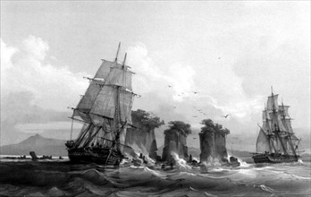 Corvettes 'l'Astrolabe' and 'la Zélée' about to crash on Sanguir's rocks, in 'Journey to the South pole and Oceania'