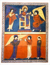 Beatus de Liebana, Commentaire sur l'Apocalypse de Saint-Sever. f° 26 v° : L'ange reçoit le livre du seigneur, L'ange remet le livre à Saint Jean