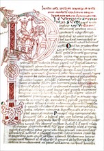 Guillaume de Jumièges, Cesta Normanorum. f° 116, lettre ornée, Guillaume le conquérant reçoit le manuscrit du chroniqueur