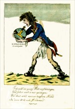 Coloured engraving, caricature, 'A Frenchman wants to swallow the world'