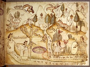Azcatitlan codex. f° 5, The Aztecs crossing mountains