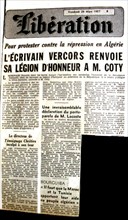 War in Algeria. Writer Vercors giving back his Legion of Honour to President Coty, in the newspaper