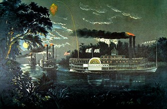 Lithographie de Currier and Ives, "Rounding a bend on the Mississippi"