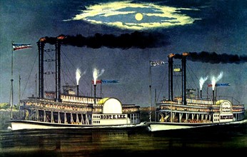 Litograph by Currier and Ives, Great race on the Mississippi, from New Orleans to St. Louis