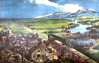 Lithographie de Currier and Ives, Chemin de fer à travers les Etats-Unis