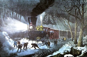 Lithographie de Currier and Ives, Chemin de fer dans la neige