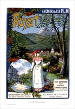 Affiche publicitaire de Fraipont et Moreau pour les chemins de fer P.L.M. pour la ville thermale de Royat